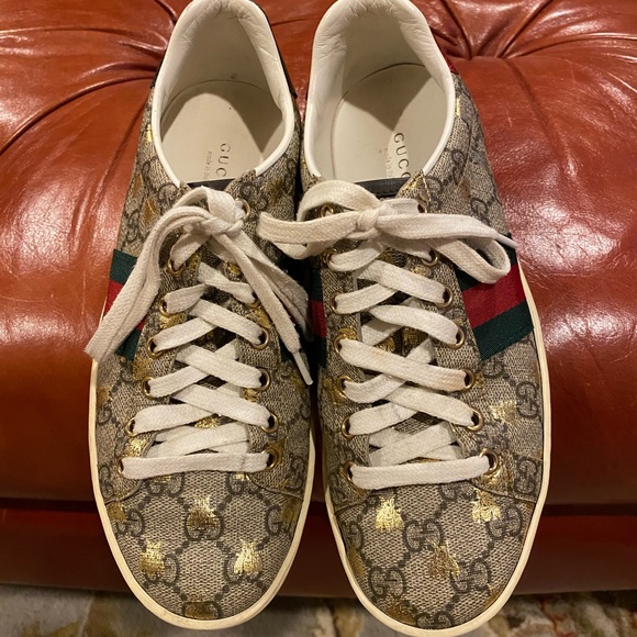 Beige/Ebony GG supreme canvas with gold bee print . Green and red web detail. - Picture 6 of 7